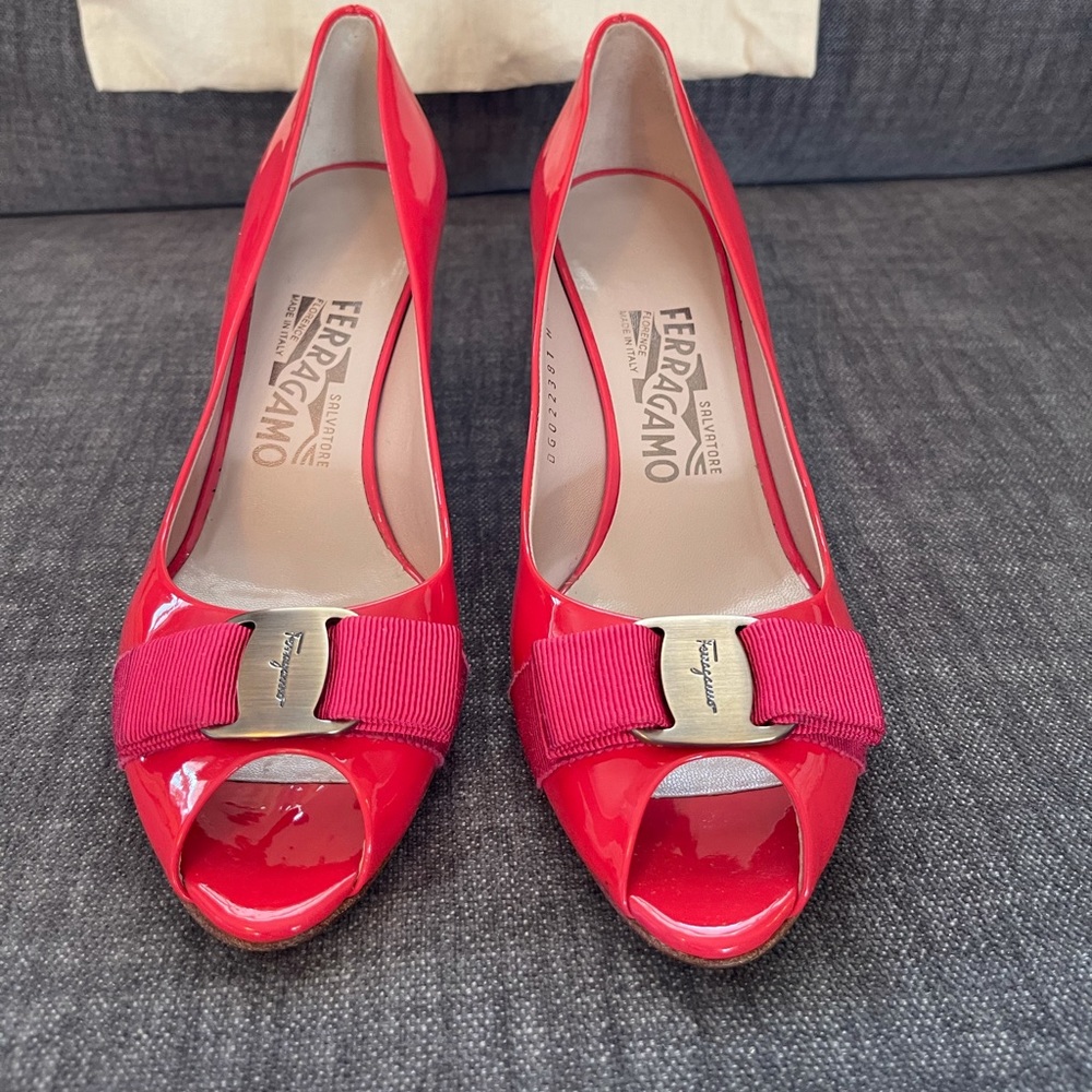 Salvatore Ferragamo Salmon Patent Leather Heels.